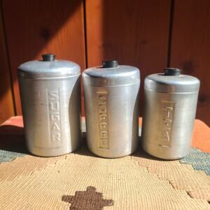 VTG 1950s Spun Aluminum MCM Kitchen 3 Canister Set Sugar Tea Coffee